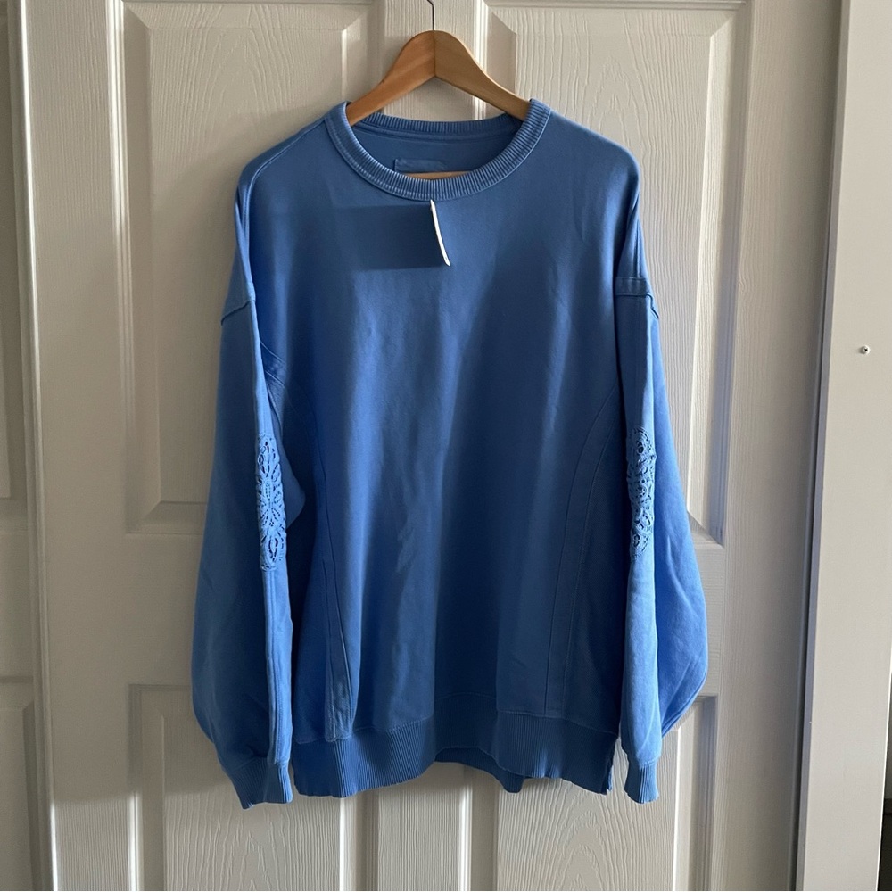 Aerie Keep It Light Oversized Crochet Crew Sweatshirt Blue - Picture 6 of 8